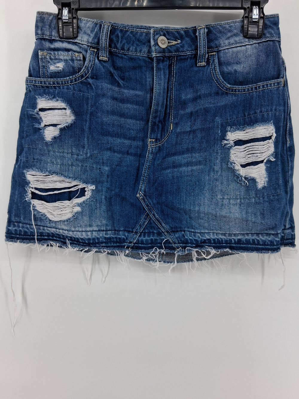 Hollister Distressed Dark Blue Denim Mini Skirt with Frayed Hem